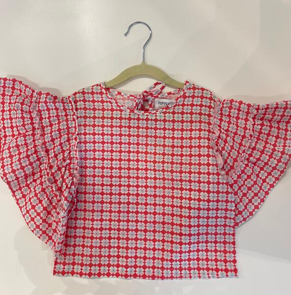 Ruffle sleeve floral blouse in red and blue