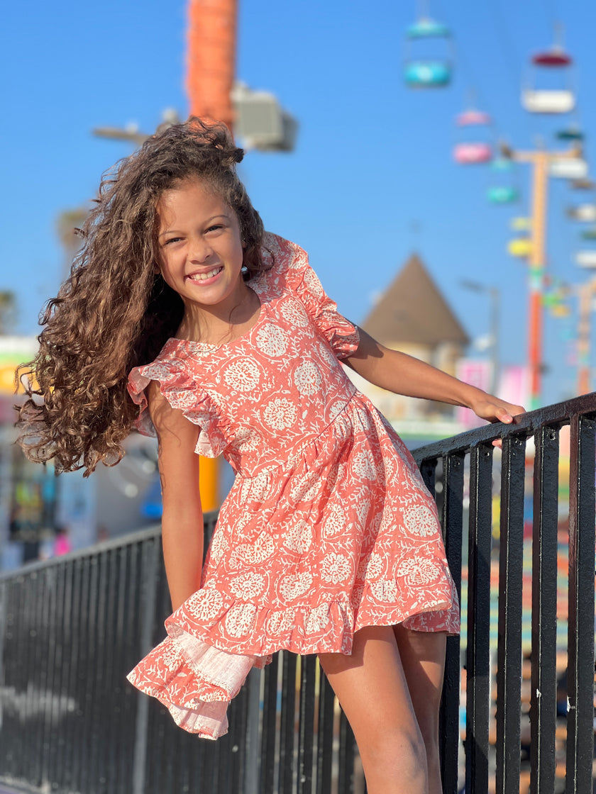 Frill Sleeve Dress in Pink Chrysanthemum Print