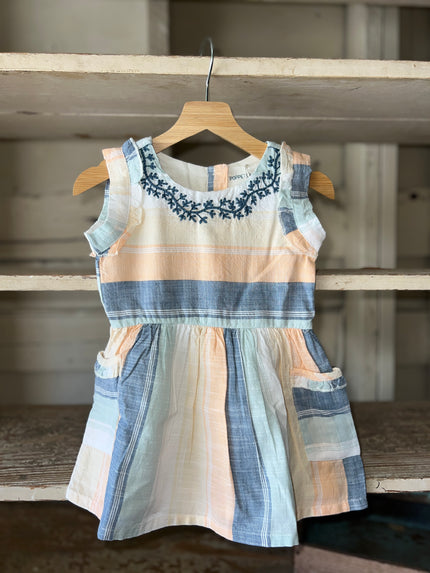 Patch-pocket summer day dress in peach and blue stripe