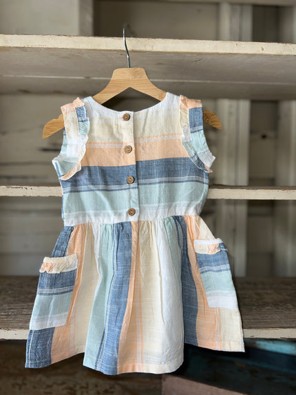 Patch-pocket summer day dress in peach and blue stripe