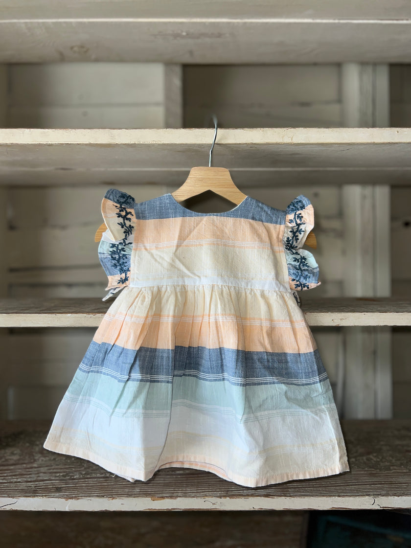 Embroidered smock top and bloomer set in peach and blue stripe