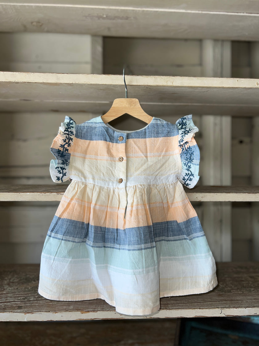 Embroidered smock top and bloomer set in peach and blue stripe