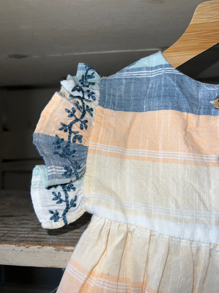 Embroidered smock top and bloomer set in peach and blue stripe