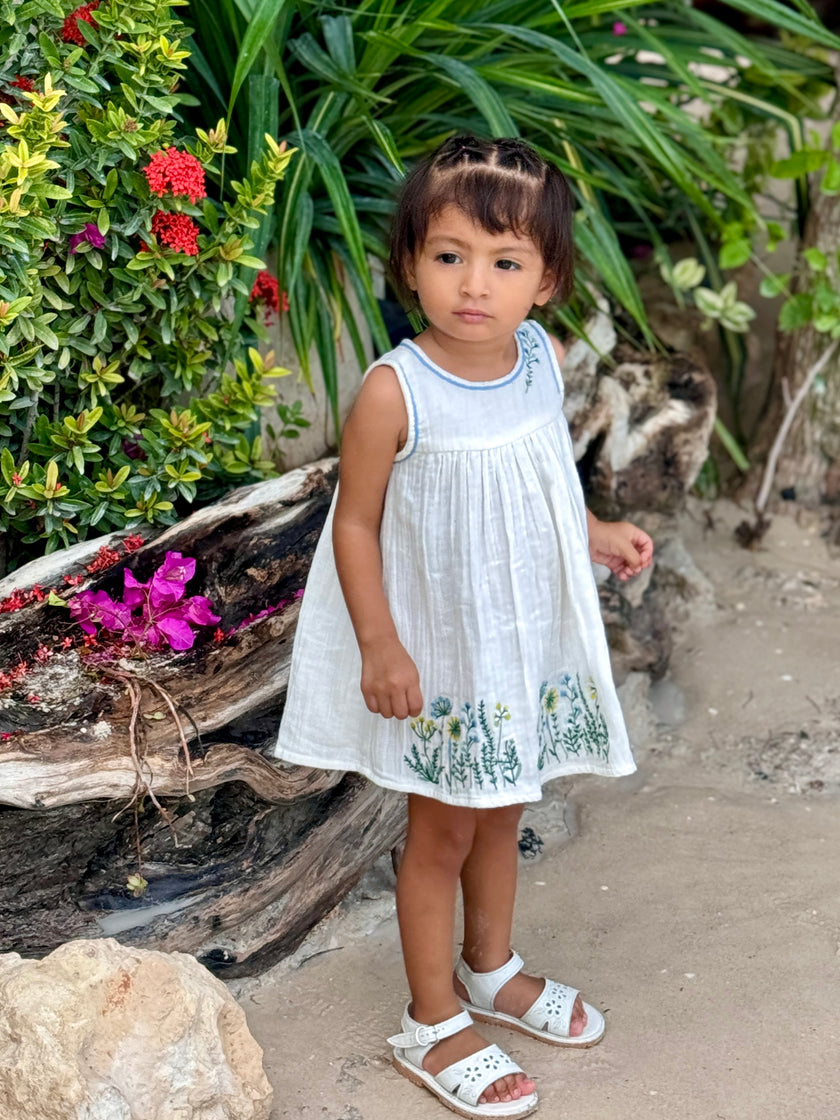 Embroidered Sleeveless Summer Dress in White