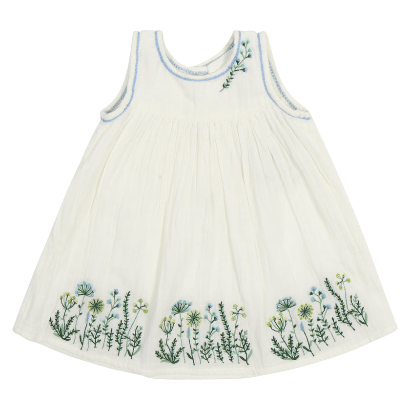 Embroidered Sleeveless Summer Dress in White Poppet & Fox Embroidered Sleeveless Summer Dress in White Poppet & Fox