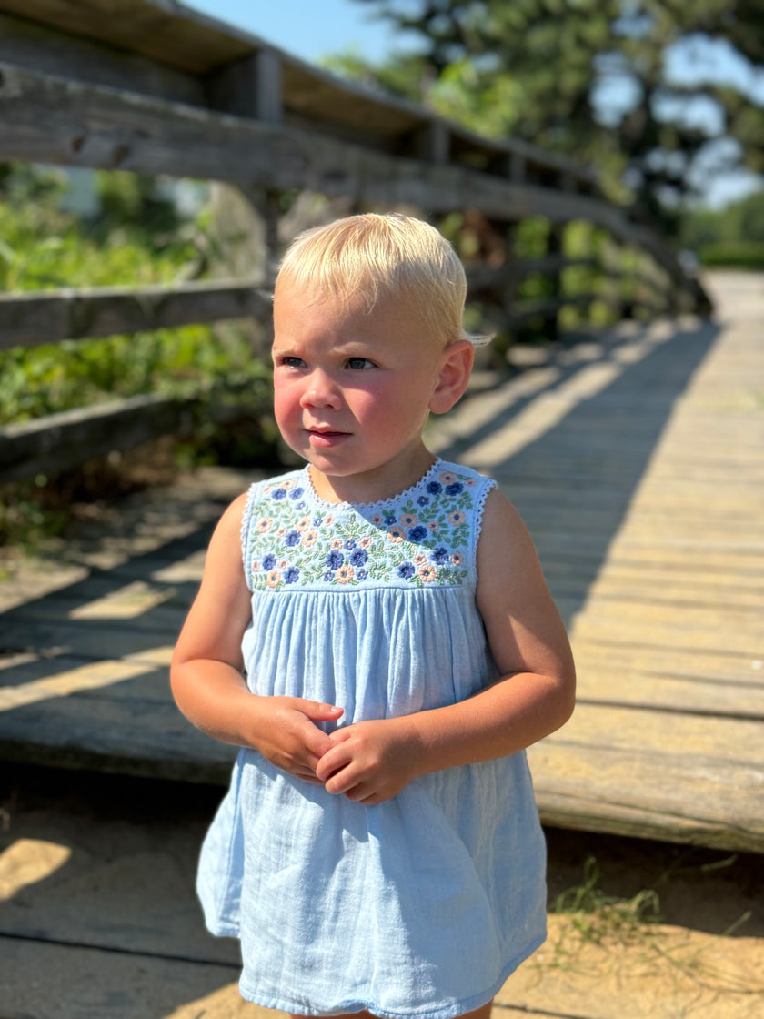 Embroidered Sleeveless Summer Dress in Blue