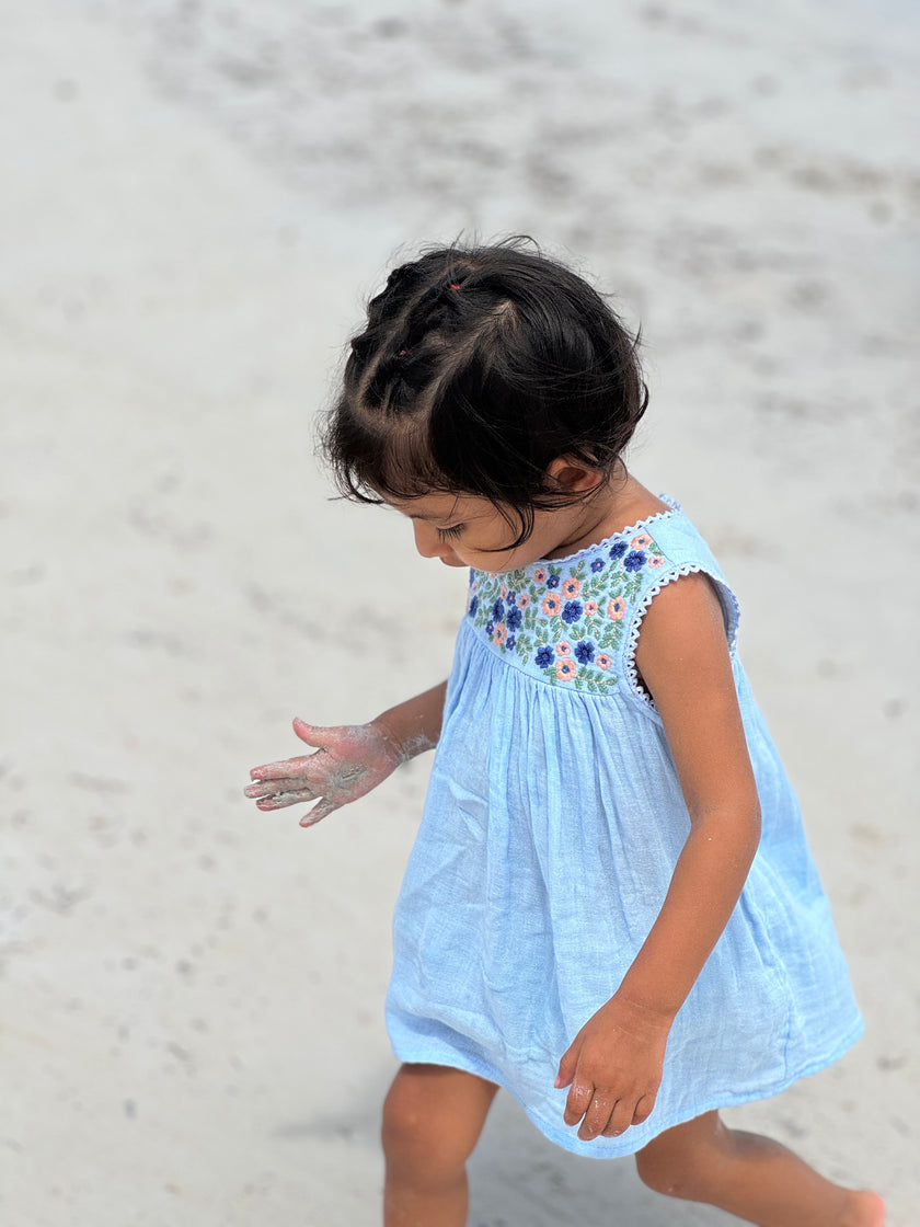 Embroidered Sleeveless Summer Dress in Blue
