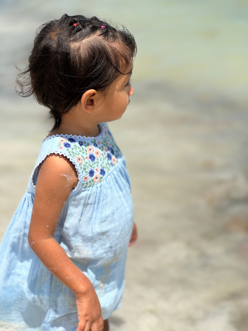 Embroidered Sleeveless Summer Dress in Blue