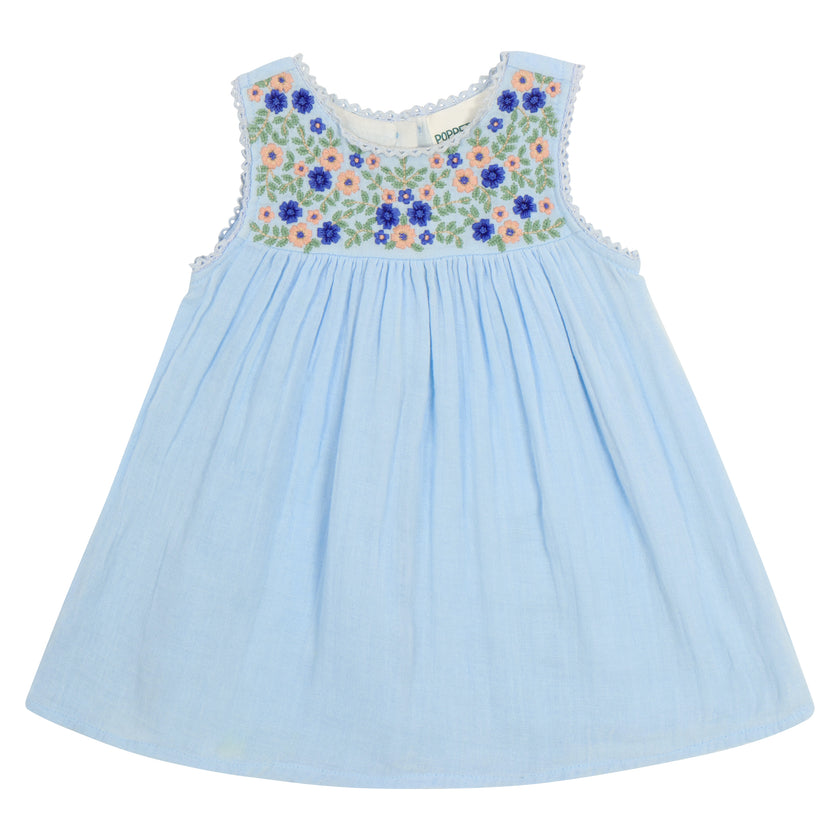 Embroidered Sleeveless Summer Dress in Blue Poppet & Fox Embroidered Sleeveless Summer Dress in Blue Poppet & Fox
