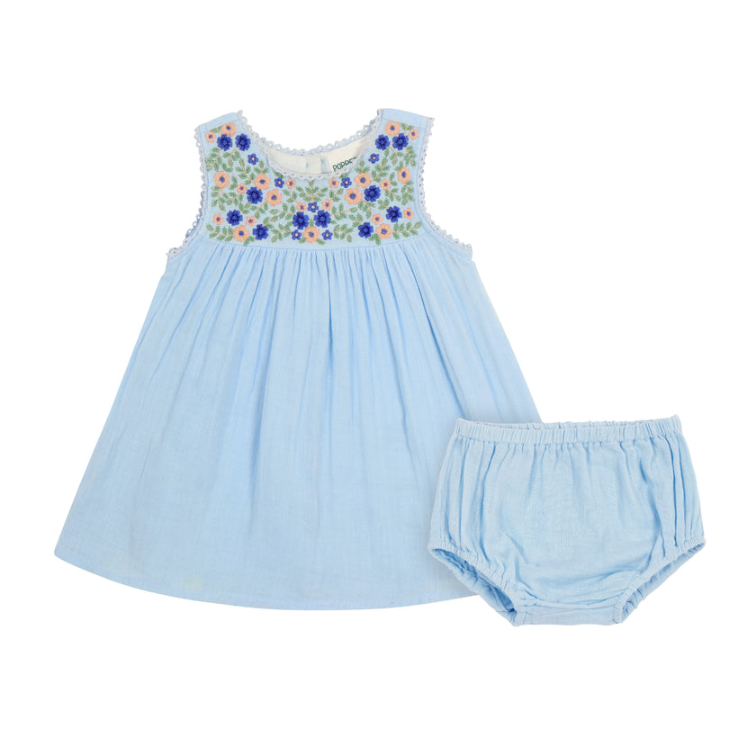 Embroidered Sleeveless Summer Dress in Blue