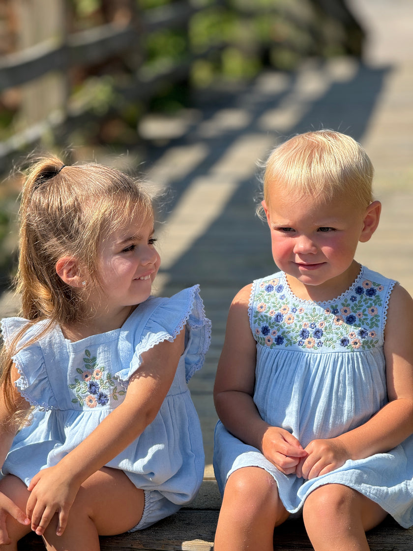 Embroidered Sleeveless Summer Dress in Blue