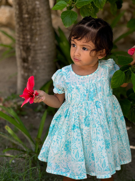 Sweet Party Dress in White and Turquoise Floral Print