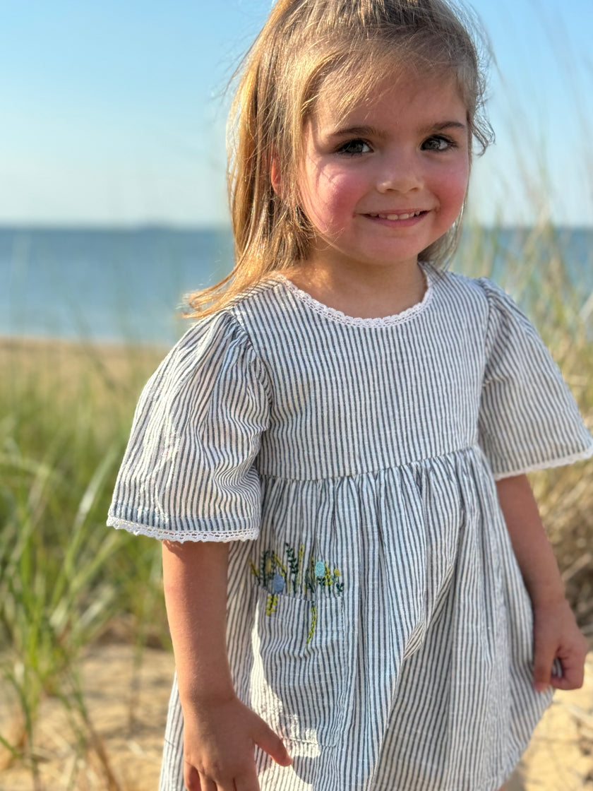 Embroidered Flower Pocket Dress in Grey Stripe