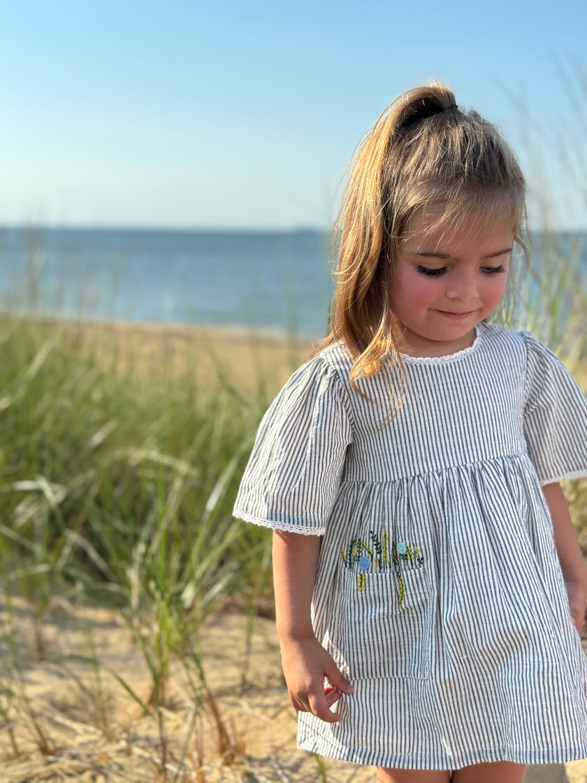 Embroidered Flower Pocket Dress in Grey Stripe