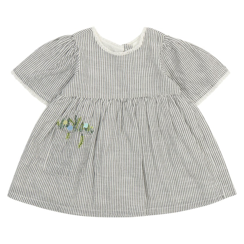 Embroidered Flower Pocket Dress in Grey Stripe