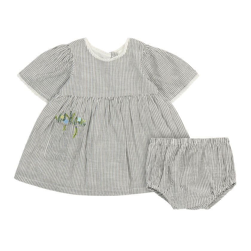 Embroidered Flower Pocket Dress in Grey Stripe