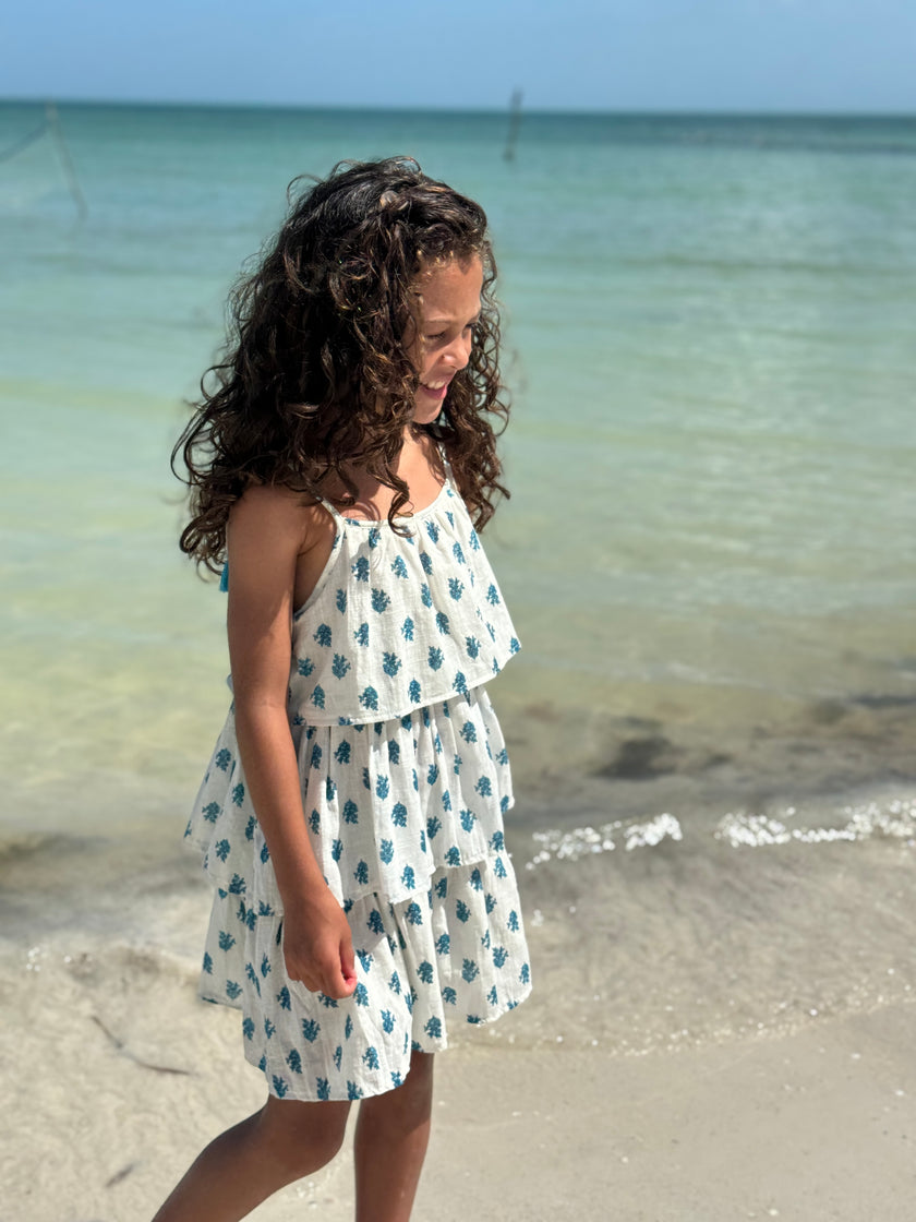Flapper-style tiered summer dress in white and turquoise floral fabric