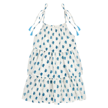 Flapper-style tiered summer dress in white and turquoise floral fabric