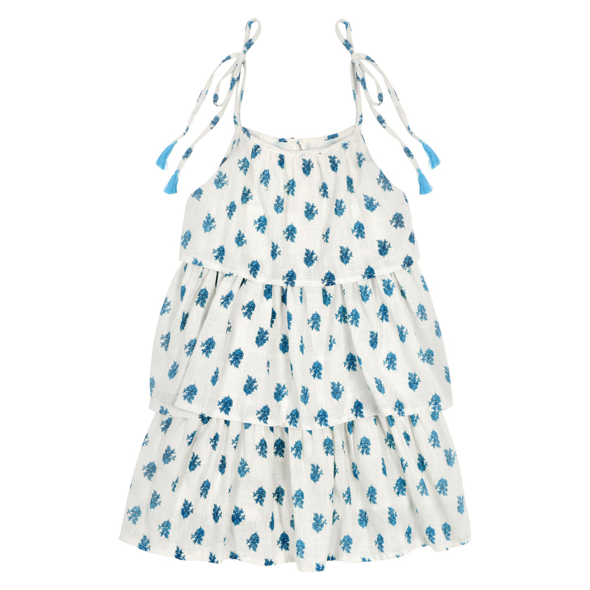 Flapper-style tiered summer dress in white and turquoise floral fabric