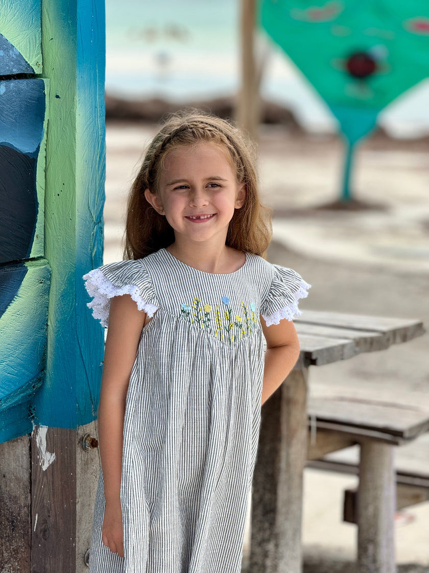 Flutter Sleeve Dress with Floral Embroidered in Grey Stripe