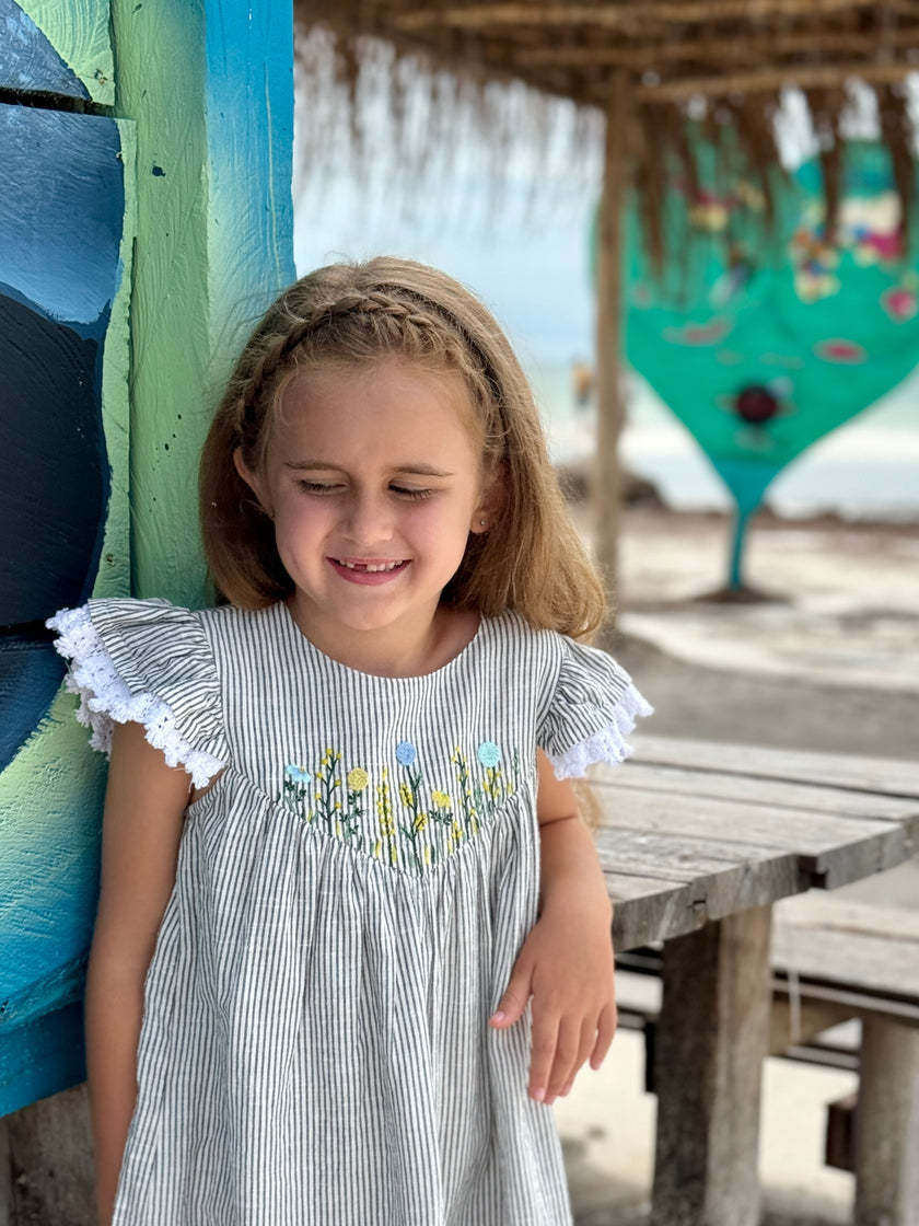 Flutter Sleeve Dress with Floral Embroidered in Grey Stripe