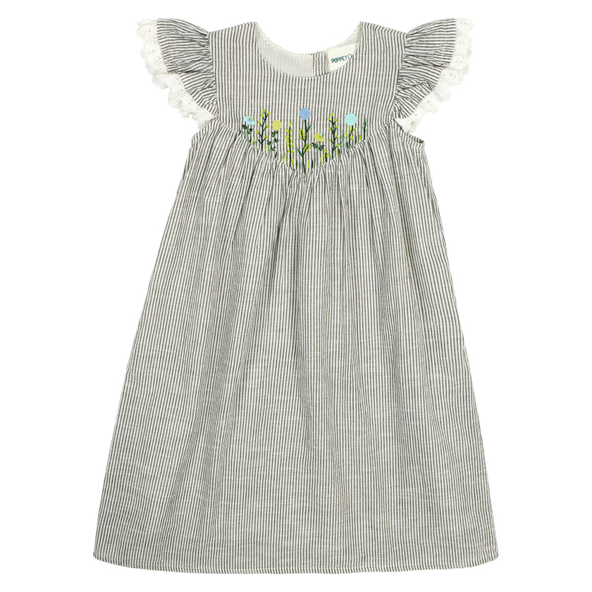 Flutter Sleeve Dress with Floral Embroidered in Grey Stripe Flutter Sleeve Dress with Floral Embroidered in Grey Stripe