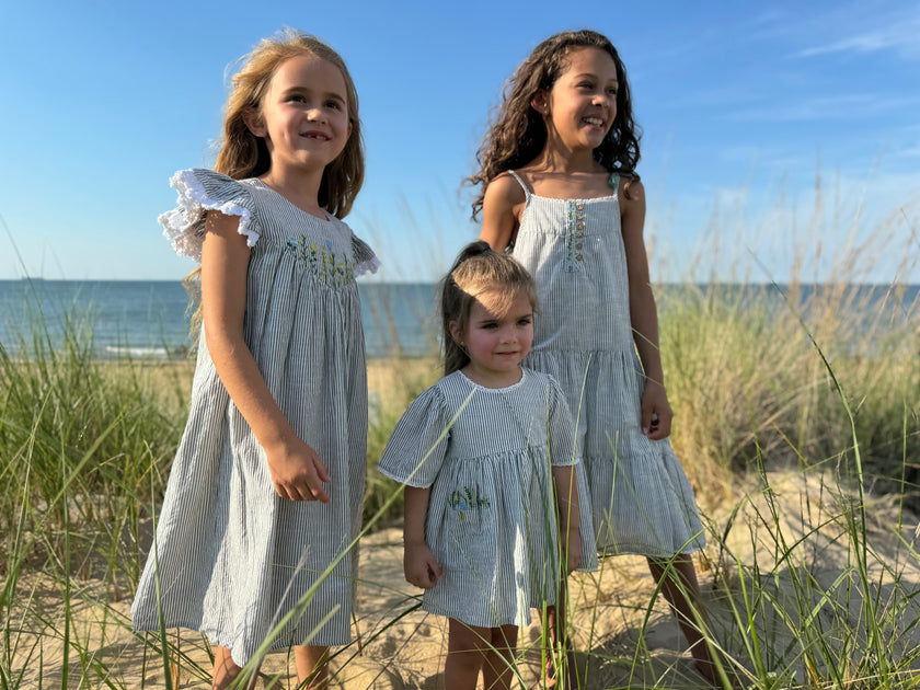 Embroidered Flower Pocket Dress in Grey Stripe