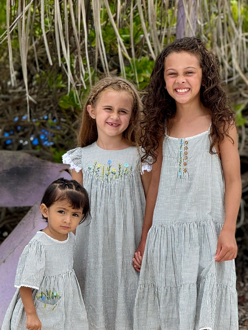 Flutter Sleeve Dress with Floral Embroidered in Grey Stripe