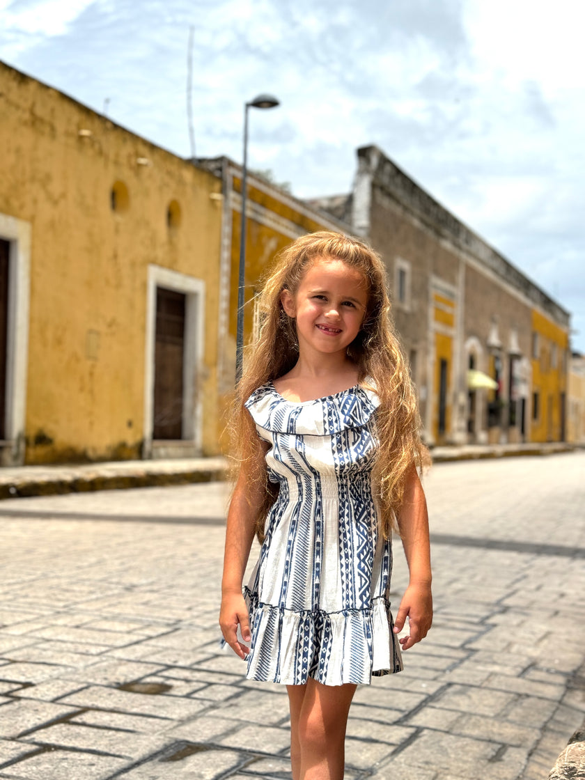 Shirred Waist Dress in Blue Stripe
