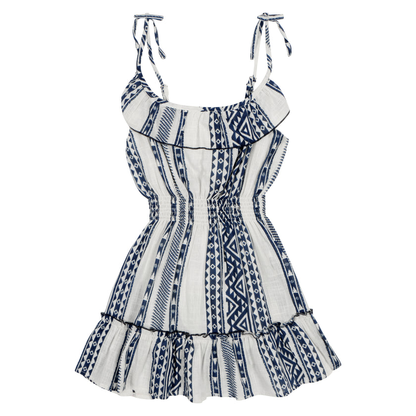 Shirred Waist Dress in Blue Stripe