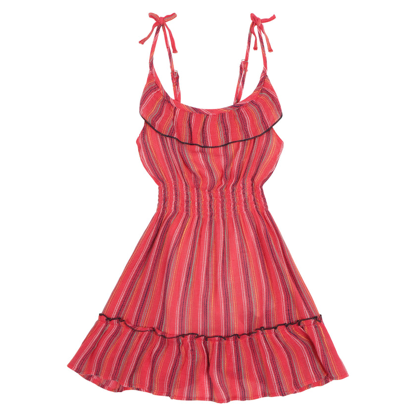 Striped Shirred Waist Dress in Magenta