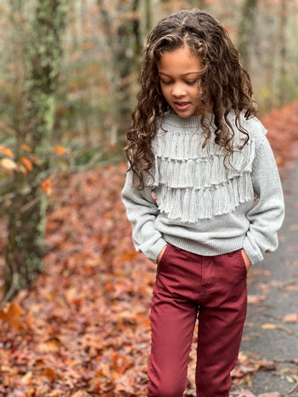 Fringe Knit Sweater in Heathered Grey