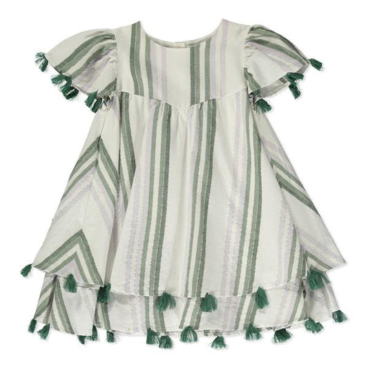 Trapeze dress in green and gold stripe