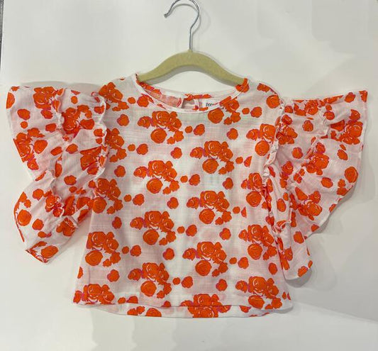 Ruffle sleeve floral blouse in pink and orange