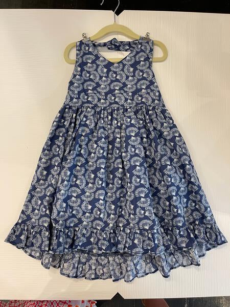 Fan print halter dress in blue and white