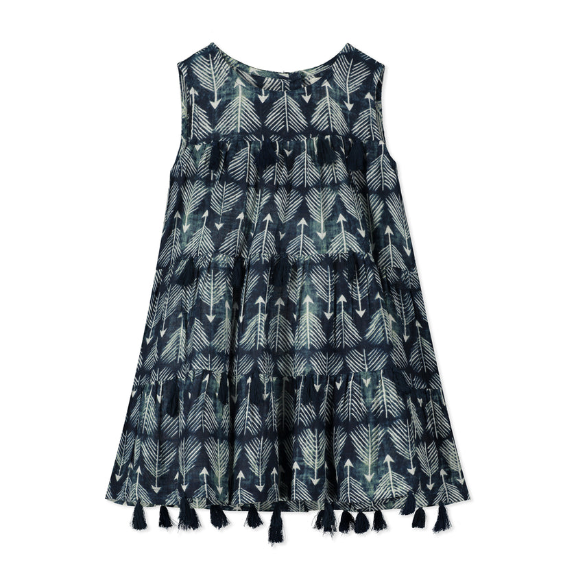Cascade Tassel Dress in Navy Arrow Print