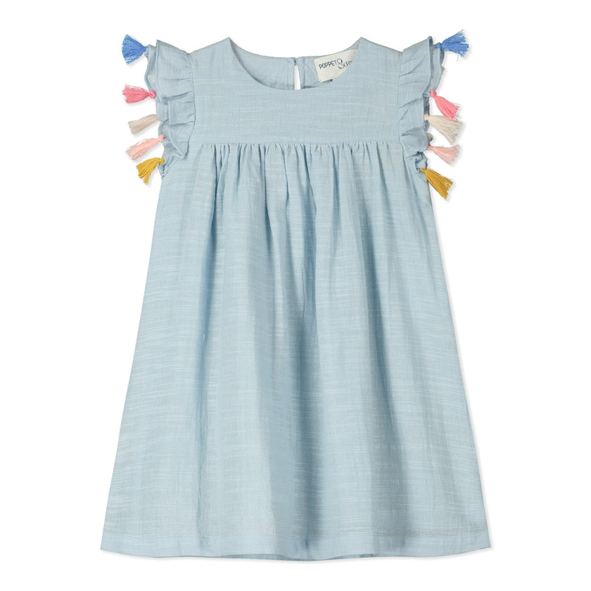 Tassel Sleeve Smock Dress in Light Blue